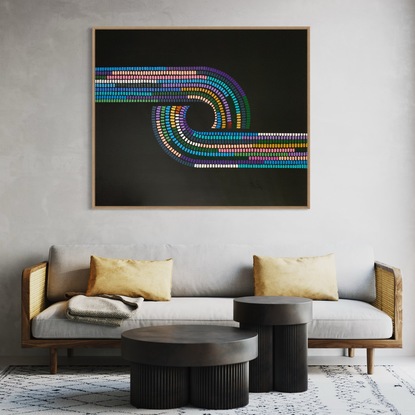 Vibrant artwork in a circular infinity shape on a black background. 