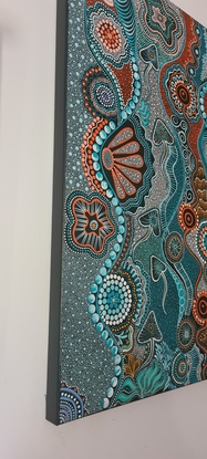 The vibrancy of the turquoise and cadmium orange on a black background helps lift this artwork off the canvas. It is a conversation piece in any home as your eyes wonder over the canvas as it tells the story of Island life here on Quandamooka Country. 