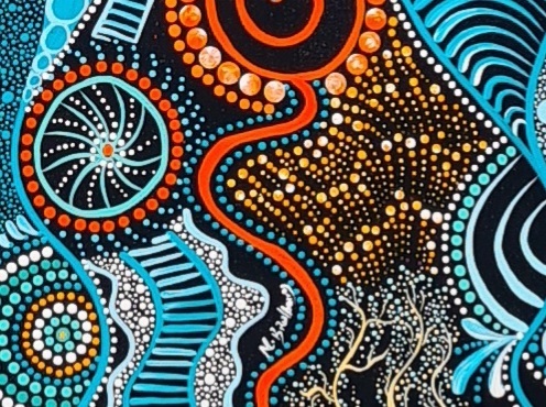 The vibrancy of the turquoise and cadmium orange on a black background helps lift this artwork off the canvas. It is a conversation piece in any home as your eyes wonder over the canvas as it tells the story of Island life here on Quandamooka Country. 