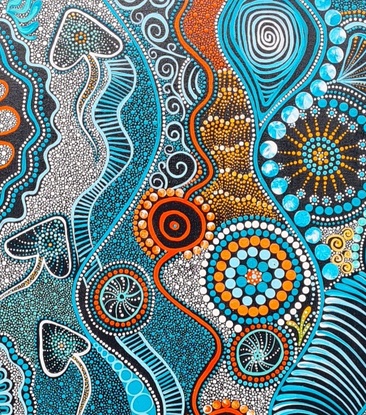 The vibrancy of the turquoise and cadmium orange on a black background helps lift this artwork off the canvas. It is a conversation piece in any home as your eyes wonder over the canvas as it tells the story of Island life here on Quandamooka Country. 