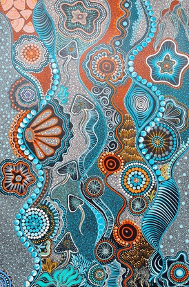 The vibrancy of the turquoise and cadmium orange on a black background helps lift this artwork off the canvas. It is a conversation piece in any home as your eyes wonder over the canvas as it tells the story of Island life here on Quandamooka Country. 