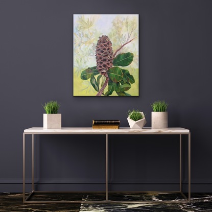 Banksia seed pod, leaves and soft washed tree into background