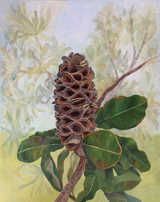 Banksia seed pod, leaves and soft washed tree into background