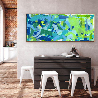 'Perception Seven' is a painting with colour crossing over one another to create effect. The colours intertwine creating a dance of their own. It is not intended to be too literal and so allows you to see whatever you can find.