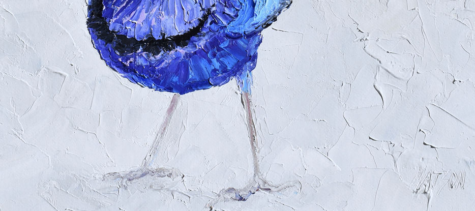 A thickly textured painting of a blue male Splendid Fairy Wren on a soft grey background.