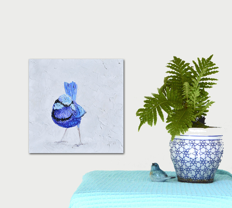 A thickly textured painting of a blue male Splendid Fairy Wren on a soft grey background.