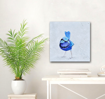 A thickly textured painting of a blue male Splendid Fairy Wren on a soft grey background.