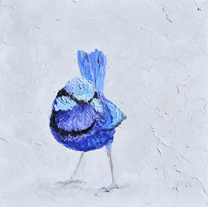 A thickly textured painting of a blue male Splendid Fairy Wren on a soft grey background.