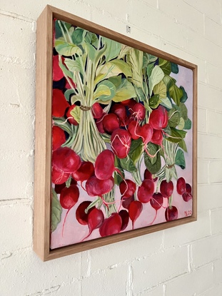 Bunches of red radishes with green stalks and leaves on a mauve background 