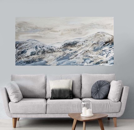 An abstract landscape of of mountains and hill in shades of grey, black, white and dark blue grey green by Laurie Franklin.