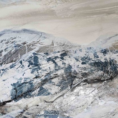 An abstract landscape of of mountains and hill in shades of grey, black, white and dark blue grey green by Laurie Franklin.