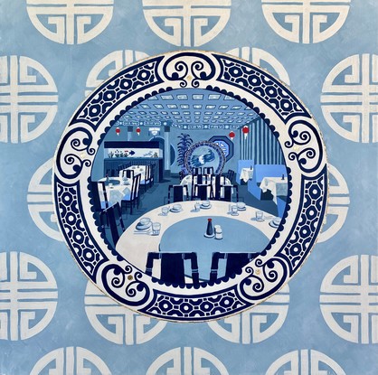 A Chinese restaurant interior depicted on a blue and white china plate set on a blue and white patterned wallpaper.