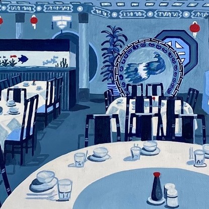 A Chinese restaurant interior depicted on a blue and white china plate set on a blue and white patterned wallpaper.