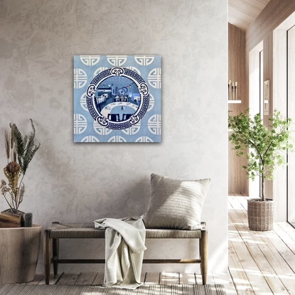 A Chinese restaurant interior depicted on a blue and white china plate set on a blue and white patterned wallpaper.