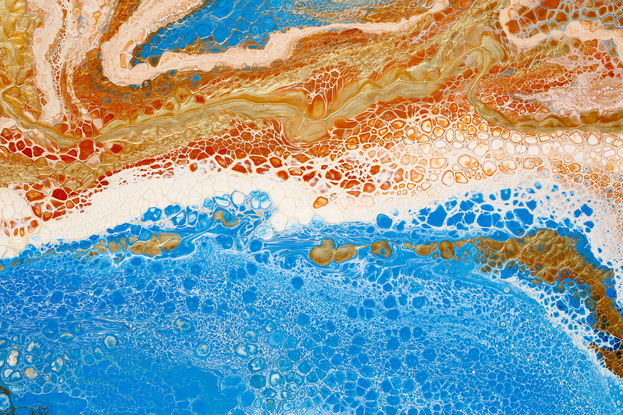 ABSTRACT painting that gives the impression of a coastline viewed from above with ocean passages cutting through the earhty toneal landscape.  The intricate mosaic pattern within the tonal blue hues and the glimmering metallics adds added interest and intrigue.
The closer you get to the painting the more of the interesting details and patterns you can see. Metallics add an extra depth because the painting changes personality when one views from different angles.