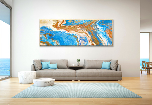 ABSTRACT painting that gives the impression of a coastline viewed from above with ocean passages cutting through the earhty toneal landscape.  The intricate mosaic pattern within the tonal blue hues and the glimmering metallics adds added interest and intrigue.
The closer you get to the painting the more of the interesting details and patterns you can see. Metallics add an extra depth because the painting changes personality when one views from different angles.