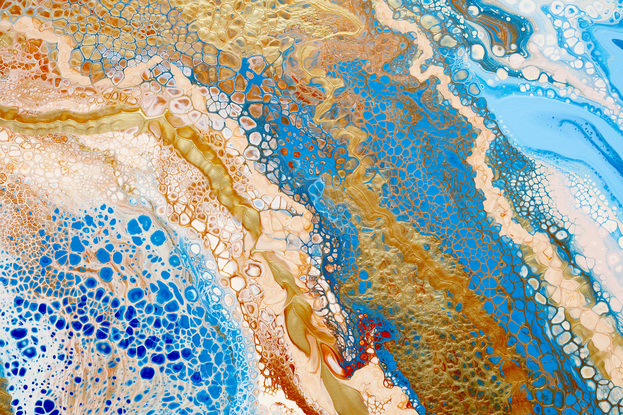 ABSTRACT painting that gives the impression of a coastline viewed from above with ocean passages cutting through the earhty toneal landscape.  The intricate mosaic pattern within the tonal blue hues and the glimmering metallics adds added interest and intrigue.
The closer you get to the painting the more of the interesting details and patterns you can see. Metallics add an extra depth because the painting changes personality when one views from different angles.