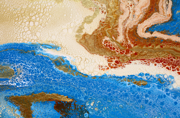 ABSTRACT painting that gives the impression of a coastline viewed from above with ocean passages cutting through the earhty toneal landscape.  The intricate mosaic pattern within the tonal blue hues and the glimmering metallics adds added interest and intrigue.
The closer you get to the painting the more of the interesting details and patterns you can see. Metallics add an extra depth because the painting changes personality when one views from different angles.