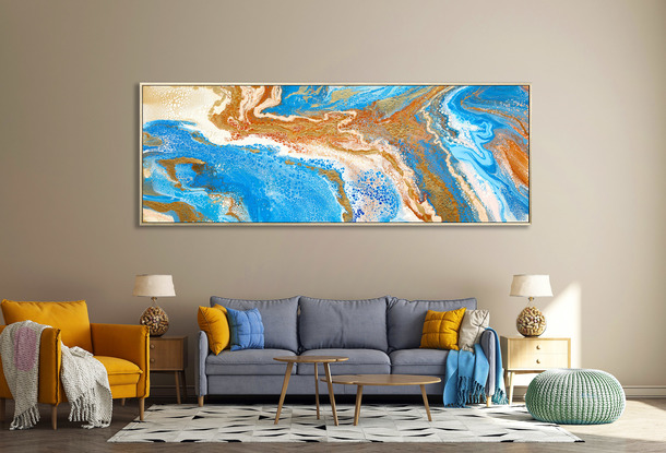 ABSTRACT painting that gives the impression of a coastline viewed from above with ocean passages cutting through the earhty toneal landscape.  The intricate mosaic pattern within the tonal blue hues and the glimmering metallics adds added interest and intrigue.
The closer you get to the painting the more of the interesting details and patterns you can see. Metallics add an extra depth because the painting changes personality when one views from different angles.