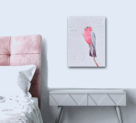 A thickly textured painting of a pink and grey Galah Cockatoo on a perch.