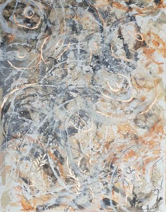 A large painting of a worn shell with metallic copper, ochre, khaki, burnt orange, pale terracotta, beige, black and white.