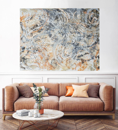 A large painting of a worn shell with metallic copper, ochre, khaki, burnt orange, pale terracotta, beige, black and white.