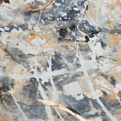 A large painting of a worn shell with metallic copper, ochre, khaki, burnt orange, pale terracotta, beige, black and white.