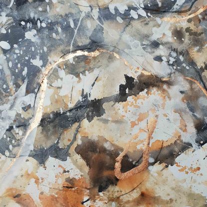 A large painting of a worn shell with metallic copper, ochre, khaki, burnt orange, pale terracotta, beige, black and white.