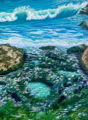 It’s low tide and a magical scene appears, with the sun glinting and sparkling across those beautiful sandy rock pools, teeming with seaweed and tiny creatures. 

I watch mesmerized, as the large wave crashes it’s way across the rocks, once again flushing the pools and creating drama as the seaweed moves in and out with the water flow. 

This contemporary oil painting highlights the beauty of nature .  Rock Pool Garden  is finished off with a protective varnish and the painting continues around all sides so that it can hang as is, or can be framed if preferred.
