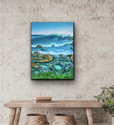 It’s low tide and a magical scene appears, with the sun glinting and sparkling across those beautiful sandy rock pools, teeming with seaweed and tiny creatures. 

I watch mesmerized, as the large wave crashes it’s way across the rocks, once again flushing the pools and creating drama as the seaweed moves in and out with the water flow. 

This contemporary oil painting highlights the beauty of nature .  Rock Pool Garden  is finished off with a protective varnish and the painting continues around all sides so that it can hang as is, or can be framed if preferred.
