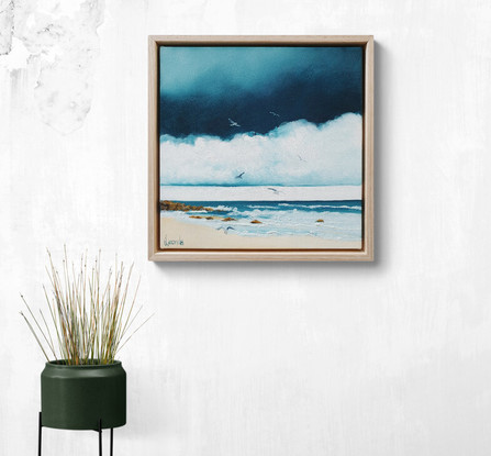 Small oil painting, of the beach with seagulls and beautiful teal clouds