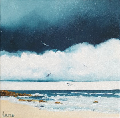 Small oil painting, of the beach with seagulls and beautiful teal clouds