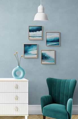 Small oil painting, of the beach with seagulls and beautiful teal clouds