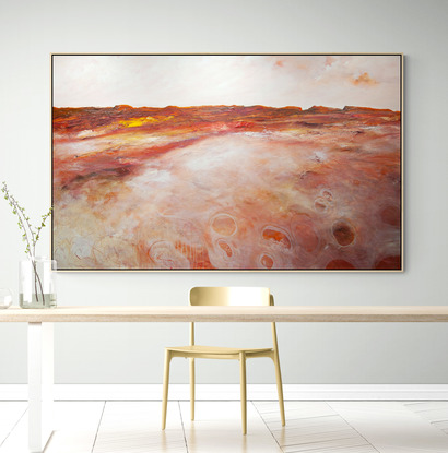 Dramatic, colourful and highly textured autumnal abstract landscape with ochre mustard mountain range.
