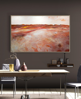 Dramatic, colourful and highly textured autumnal abstract landscape with ochre mustard mountain range.
