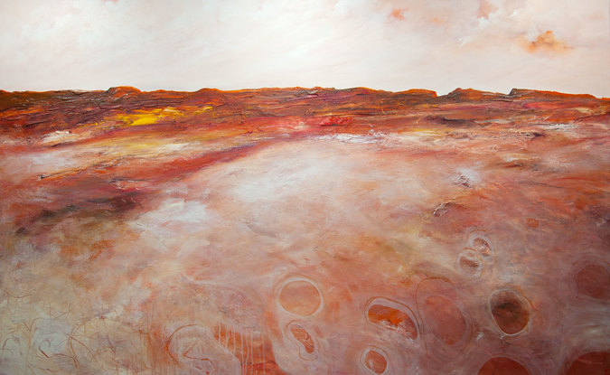 Dramatic, colourful and highly textured autumnal abstract landscape with ochre mustard mountain range.
