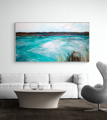 Textured Abstract seascape in fresh ocean blue tones on a sunny day with clouds in the sky.
