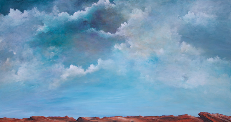 Dramatic and highly textured brightly coloured cloudscape over  tan earthy clifftop. 