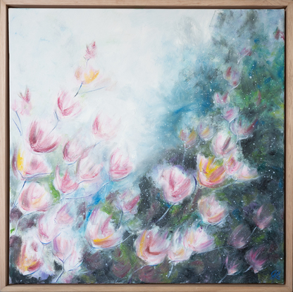 "Effervescence" is bursting with pretty #magnolias and a dusting of sparkly #pollen.    A #colourful, #pretty painting that showcases the Grandiflora magnolia.   Oil painting on Canvas.    Framed in #Hardwood #Oak timber frame.