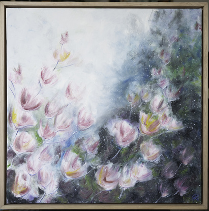 "Effervescence" is bursting with pretty #magnolias and a dusting of sparkly #pollen.    A #colourful, #pretty painting that showcases the Grandiflora magnolia.   Oil painting on Canvas.    Framed in #Hardwood #Oak timber frame.