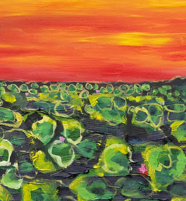 Large landscape painting of the extraordinary Australian landscape at Fogg Dam in Northern Territory, Darwin. With the Burning  red Sunset sky of the NT.   Lush Giant green water lilies with beautiful pink flowers span the surface of the dam all the way to the horizon, and below them lay crocodiles just waiting for their prey. 
