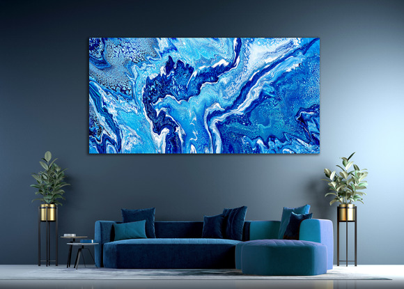 ABSTRACT painting that gives the impression of soothing ocean waves lapping an outer reef.  The intricate mosaic pattern within the tonal blue hues and the glimmering adds added interest and intrigue the close one gets to the painting. The painting actual feels as though it is moving.