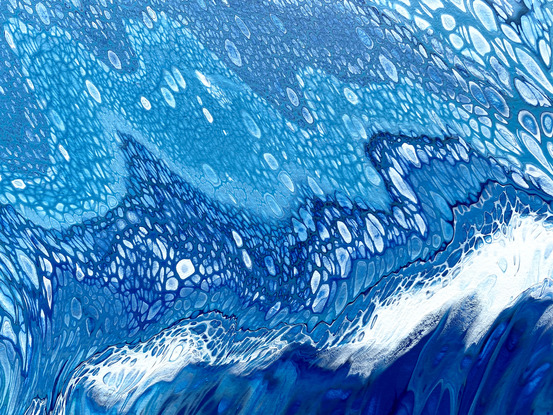 ABSTRACT painting that gives the impression of soothing ocean waves lapping an outer reef.  The intricate mosaic pattern within the tonal blue hues and the glimmering adds added interest and intrigue the close one gets to the painting. The painting actual feels as though it is moving.