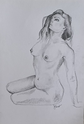 Nude female sitting with heart centre facing upwards. Face towards the light. 