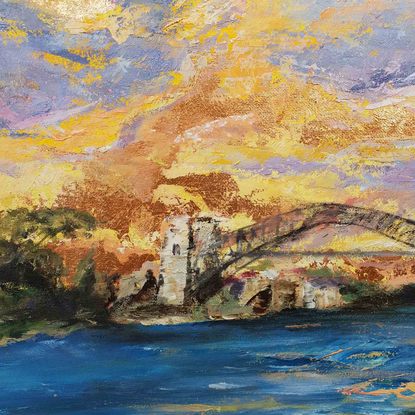 an oil painting of the Sydney Harbour Bridge at sunset with metallic copper.