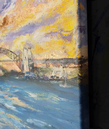 an oil painting of the Sydney Harbour Bridge at sunset with metallic copper.