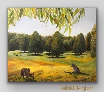 2 close up wallabies and more in distant field backed by forest of Bunya pines, leaves from overhead tree in foreground at top of painting.