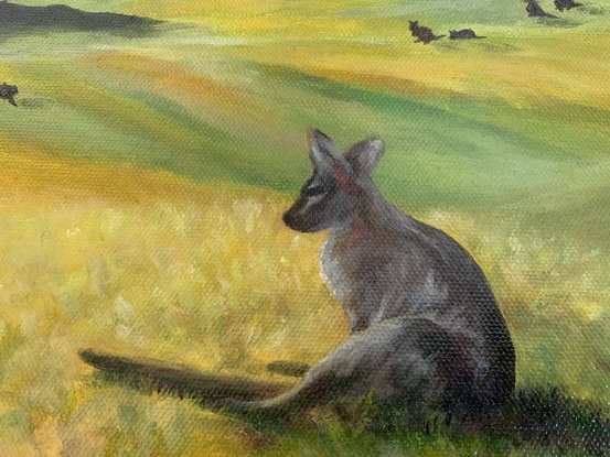 2 close up wallabies and more in distant field backed by forest of Bunya pines, leaves from overhead tree in foreground at top of painting.