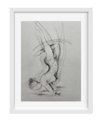 Nude female drawing in pencil and charcoal depicted in handstand yoga pose. Free flowing with movement in line form. 