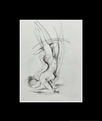 Nude female drawing in pencil and charcoal depicted in handstand yoga pose. Free flowing with movement in line form. 